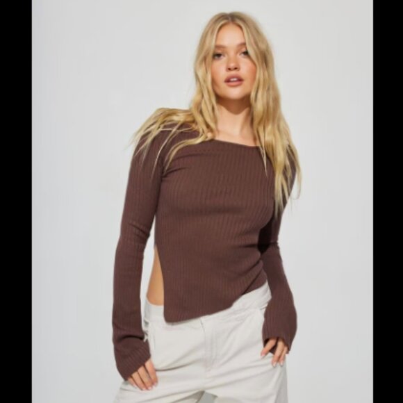 Garage Brown Scoop Neck Ribbed Asymmetric Bodycon Sweater Size Medium Med - Picture 1 of 6